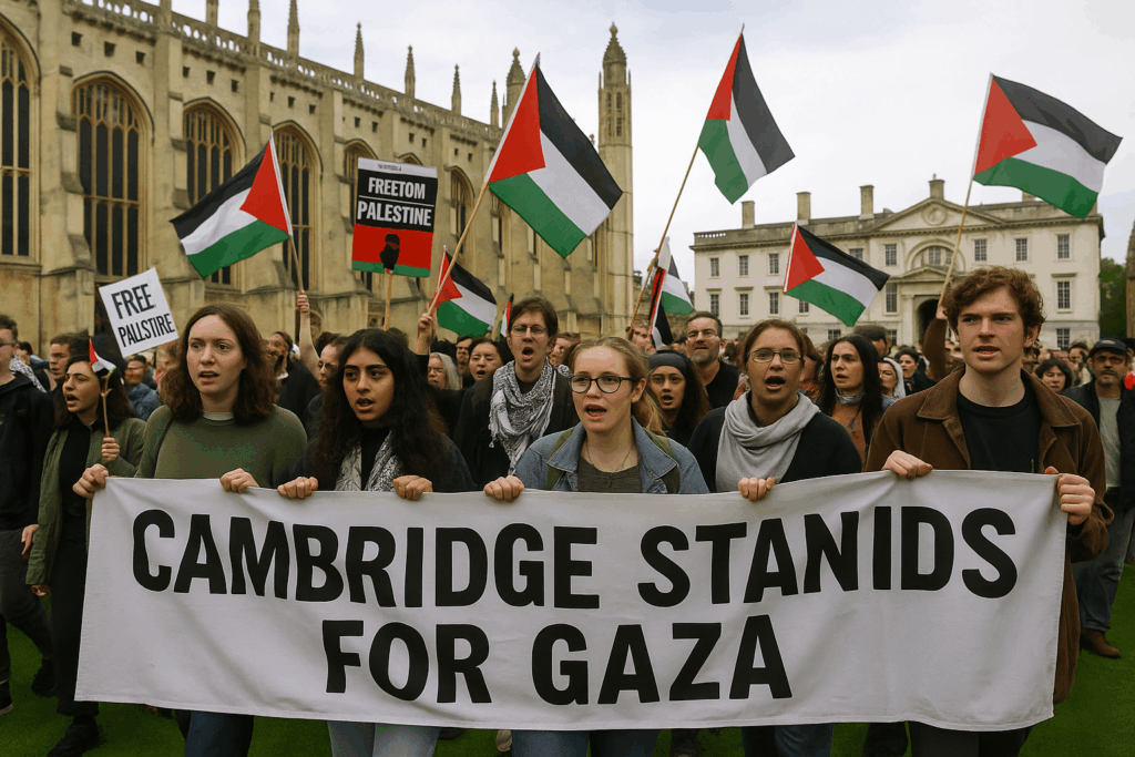Students at Cambridge University protest in support of Gaza, holding a large banner and Palestinian flags.